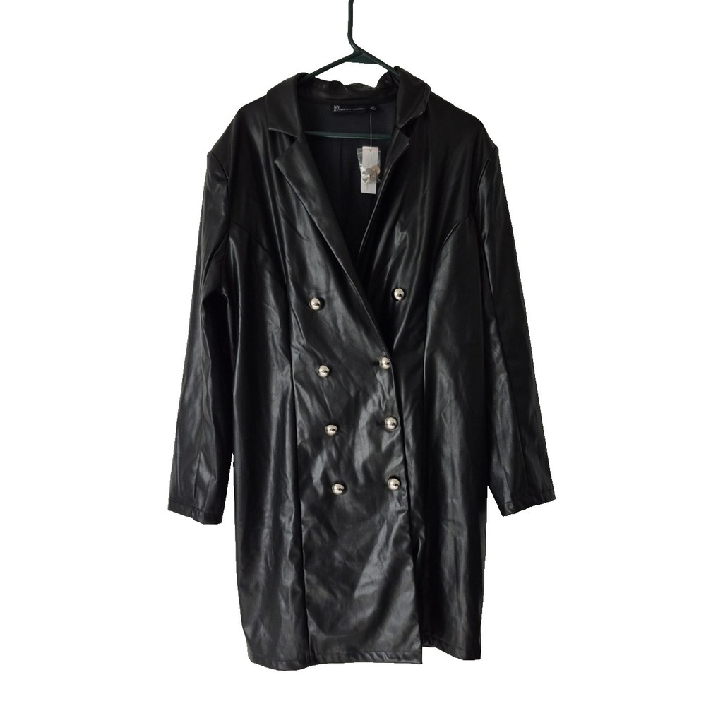 New York & Company Coat Womens XXL Black Double Breasted Faux Leather Trench NEW